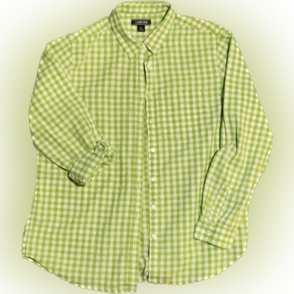 Lands’ End blouse, size L, green and white gingham